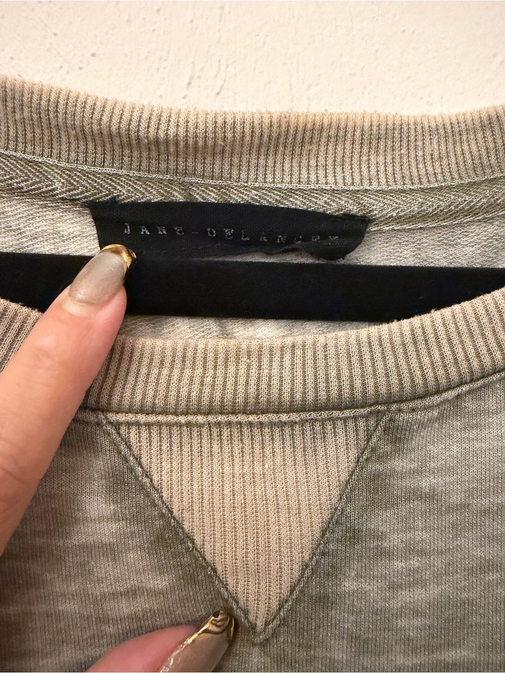 Jane and Delancey Washed Sage Green Crewneck Sweatshirt with Contrast Taupe Trim - Picture 3 of 3